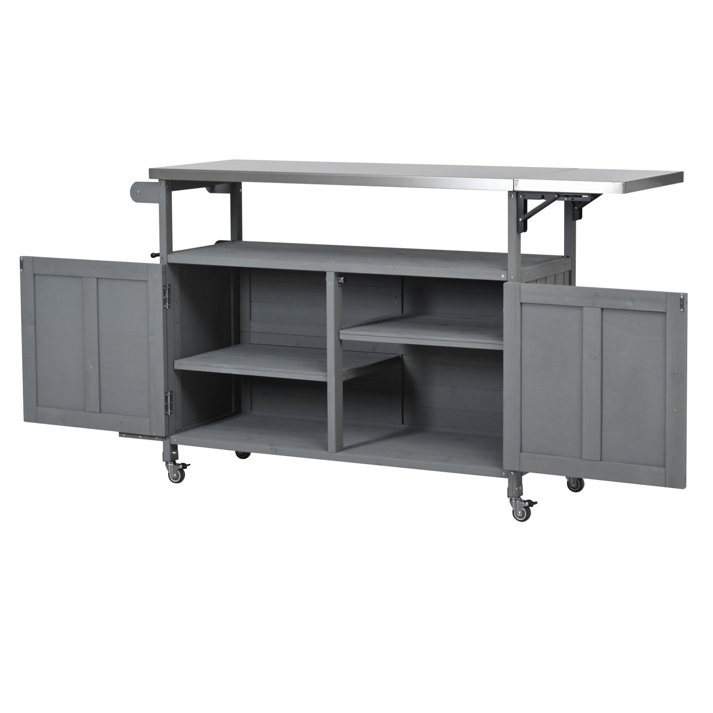 Outdoor Kitchen Island Cart with Foldable Stainless Steel Top, Rolling Grill Table with Adjustable Shelf Storage Spice Rack and Towel Holder, Wooden BBQ Prep Station with Lockable Wheels, Grey
