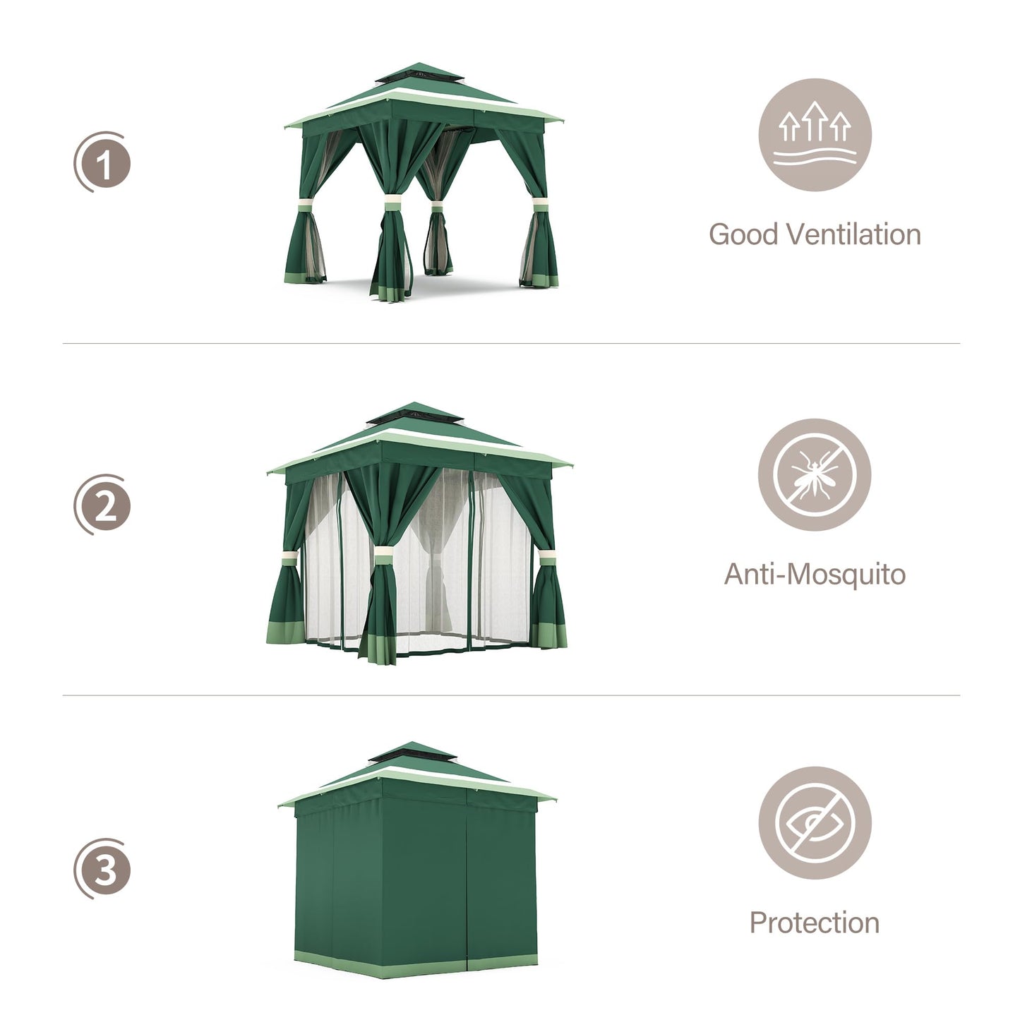 LAUSAINT HOME Patio Gazebo 8'x8', Outdoor Heavy Duty Party Tent Shelter with Double Roofs, Mosquito Nettings and Privacy Screens for Backyard, Garden, Lawn, Forest Green