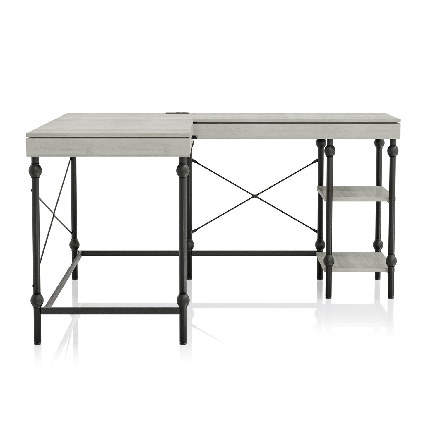 24/7 Shop at Home Monier Farmhouse Metal 2 Shelves Corner Computer Desk with USB Port, Power Outlet, 1 Drawer for Workstation, Home Office, Study Room, Antique White
