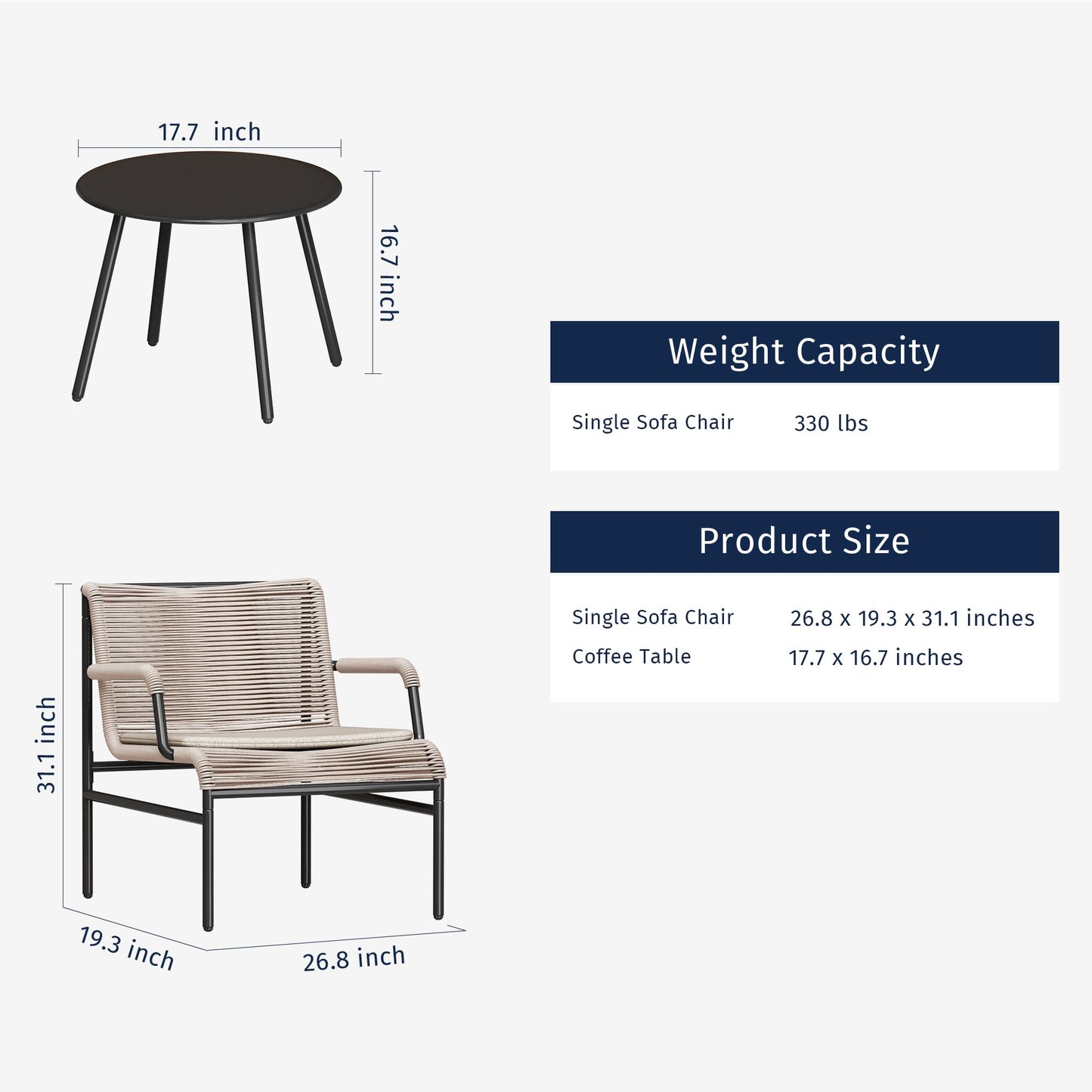 East Oak 3-Piece Patio Furniture Set, Outdoor Bistro Set with PE Rattan Wicker Wide Chairs, Soft Pads & Coffee Table, Modern All-Weather Wicker Patio Set for Garden and Porch, Creamy Apricot