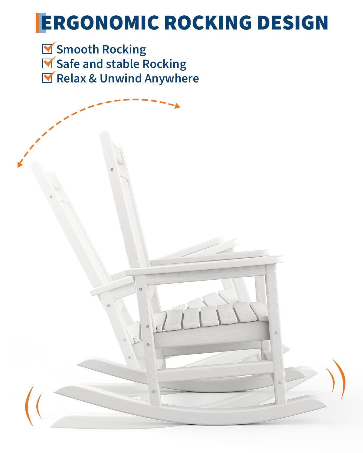 GarveeLife Poly Lumber Rocking Chair Outdoor Set of 2 with Side Table - HDPE High Back Porch Rocker Chairs for Adults - All Weather Resistant Furniture for Patio - White