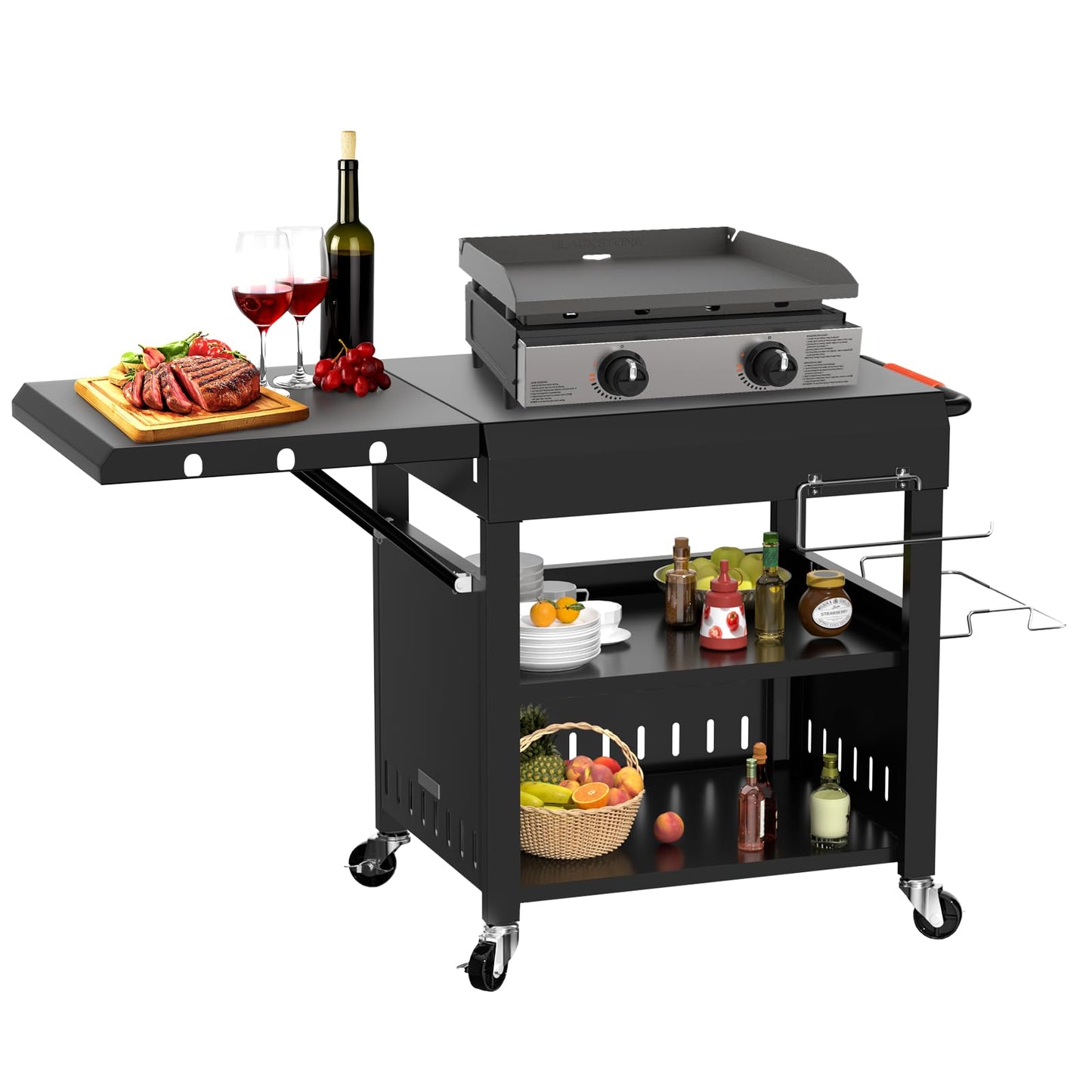 BBQMall Outdoor Grill Table Cart for Blackstone 28"/36" Omnivore Griddle, 50" x 22“ Large Outdoor Kitchen Island with Foldable Side Table for Blackstone 17”/22” Griddle, Home BBQ, Tailgates, Cookouts