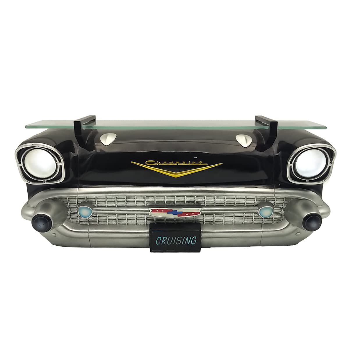 Sunbelt Gifts 1957 Chevrolet Chevy Bel Air Floating Wall Shelf, LED Headlights, Tempered Glass, Retro Classic Car Decor, Garage Man Cave Decor, Black, 20x6.1x8 inches, Gift for Car Enthusiasts