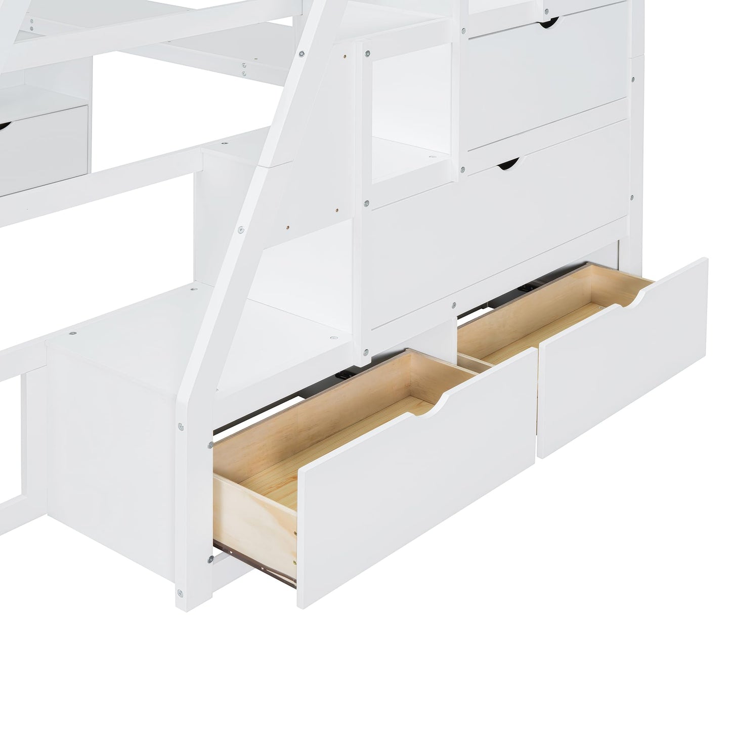 Su & Chan Legence Full Size Bed with Pinewood Frame and Desk, Loft Bed with 7 Drawers and 2 Shelves, Natural Wood Grain Look, White