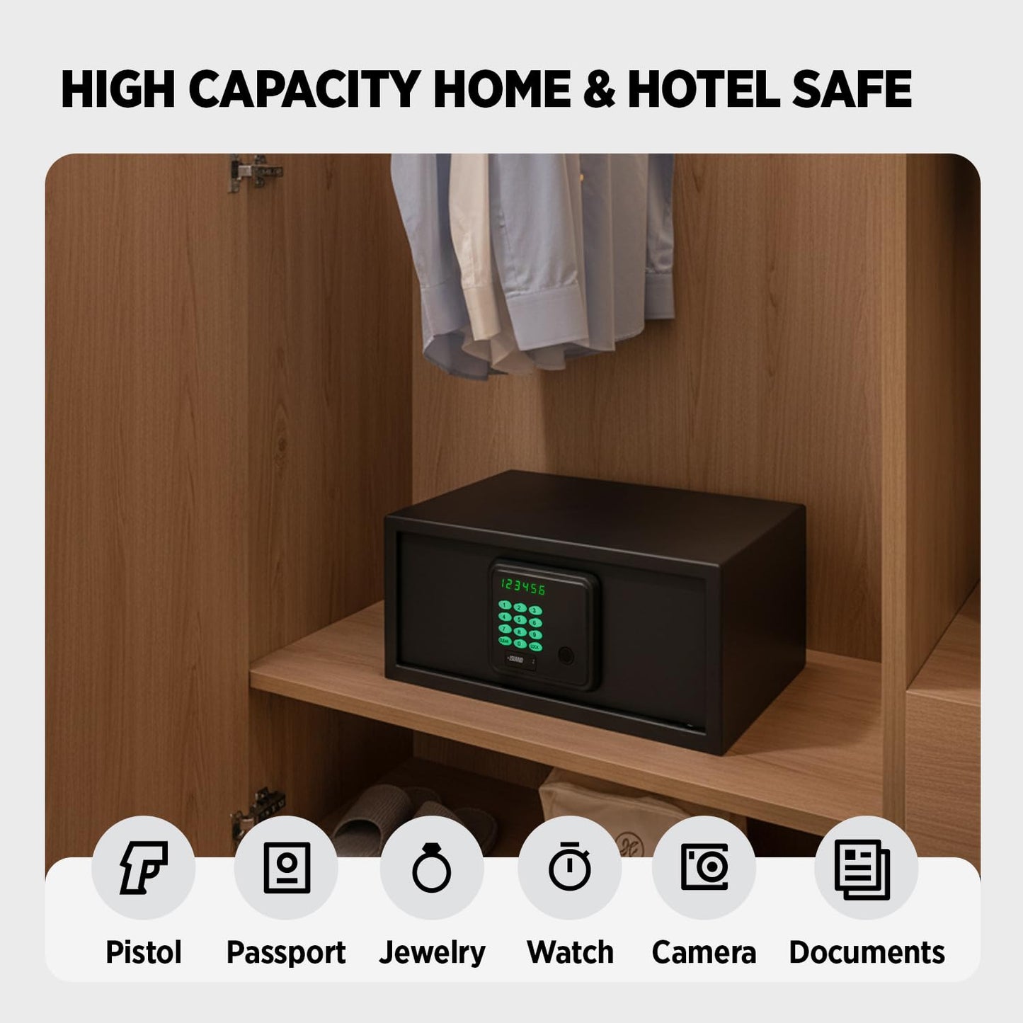 ISLANDSAFE Hotel Safe 1.1 Cubic Feet Home Safe with Digital Keypad, Hotel & Home Dual-Use Safe with Audit Function,Administrator Password,Security Lock Box for Laptop,Jewelry,Watch (Black,Fingerprint)