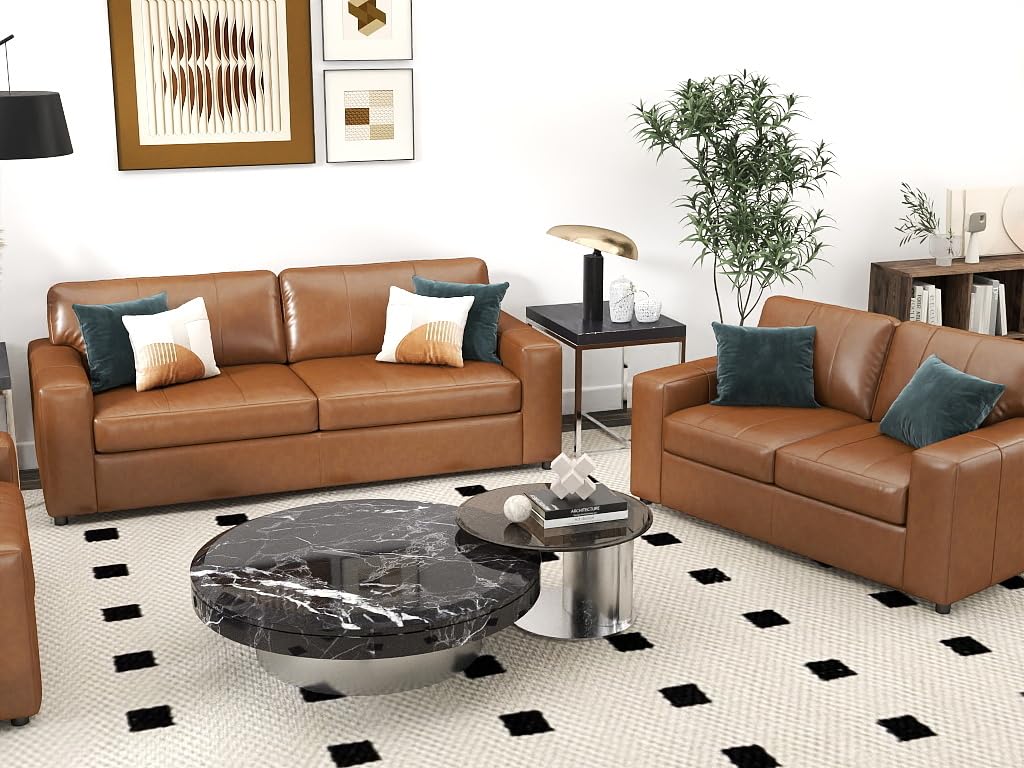 Roundhill Furniture Sakan Leather Upholstered 2-Piece Living Room Set, Sofa and Loveseat, Caramel