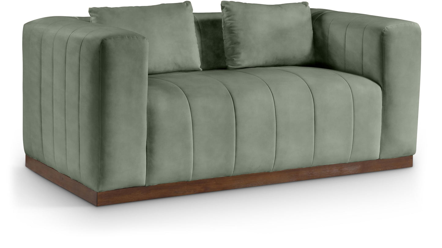 Meridian Furniture 44098Green-L Mallina Collection Modern | Contemporary Loveseat with Soft Green Vegan Leather, Walnut Finish Solid Wood Base, Deep Channel Tufting, 67" W x 36" D x 28.5" H, Green