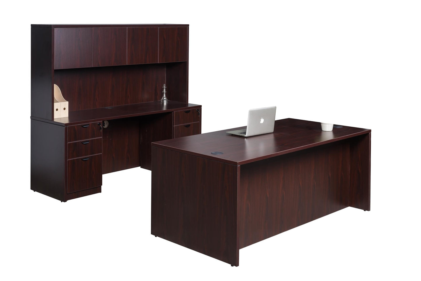 Boss Office Products Holland 71" Executive Desk and Credenza with Dual File Storage Pedestal and Hutch, Mahogany