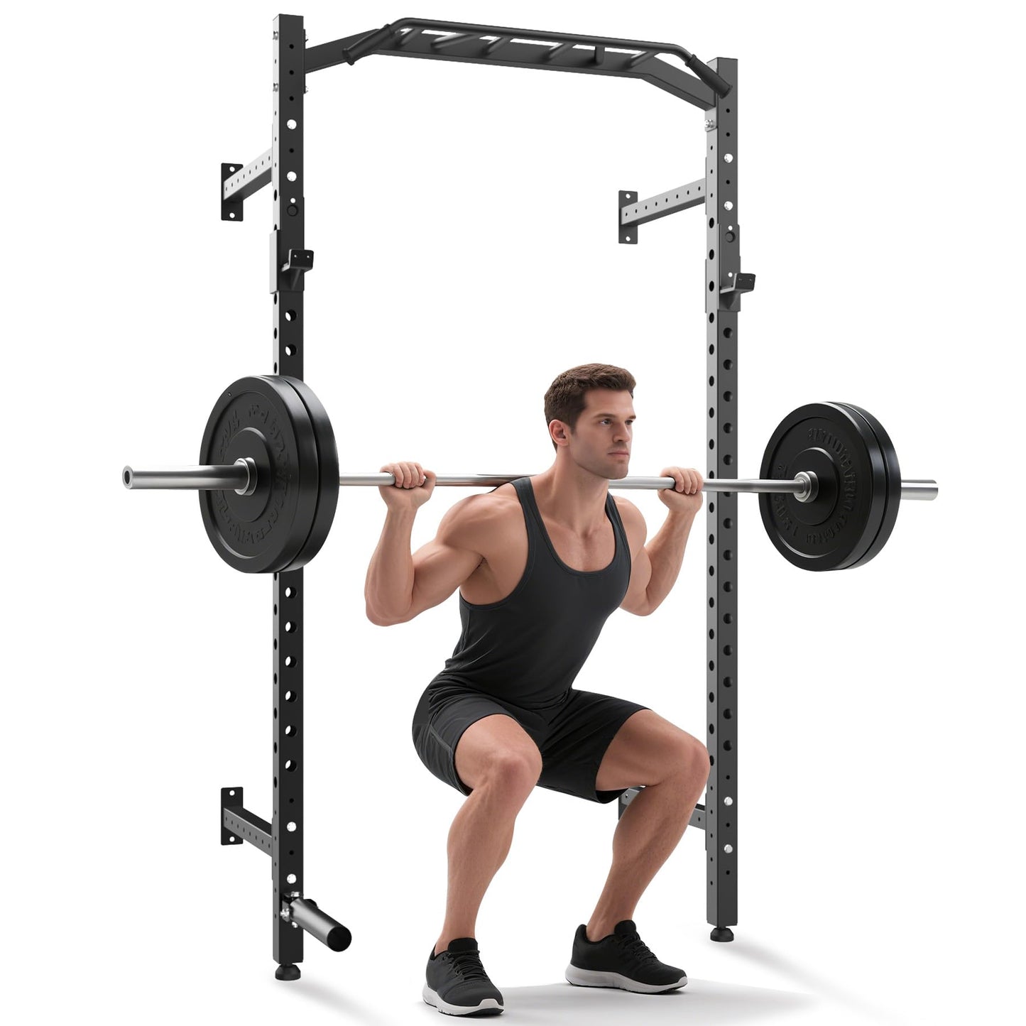 Garvee Wall Mounted Power Rack, 1600LB Commercial Squat Rack for Home Gym with Multi-Grip Pull Up Bar, j-Cups & Landmine Attachment for Home and Garage Gym