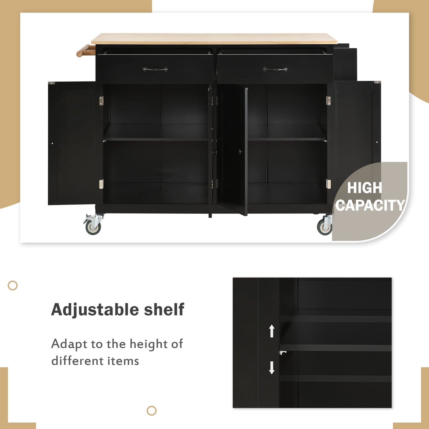 Merax Rolling Mobile Kitchen Island Cart with Wood Top and Locking Wheels, 4 Door Cabinets and 2 Drawers, Spice & Towel Rack, 54.3 Inch Width, Black