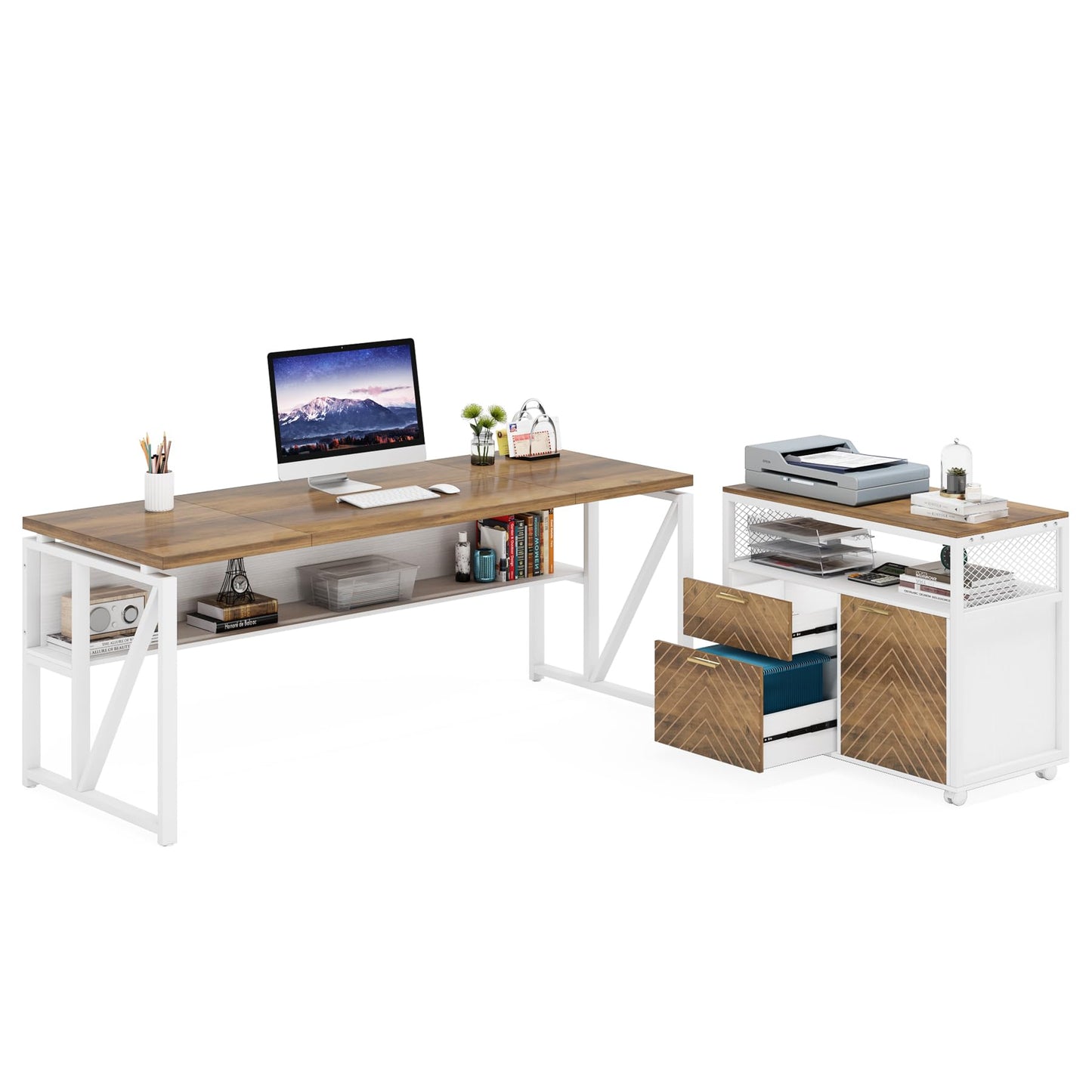 Tribesigns Office Desk with Drawers Sets, 63 inches L Shaped Computer Desk with Mobile File Cabinet,Big Executive Desk for Home Office Furniture Sets (Light Walnut, 63-inch)