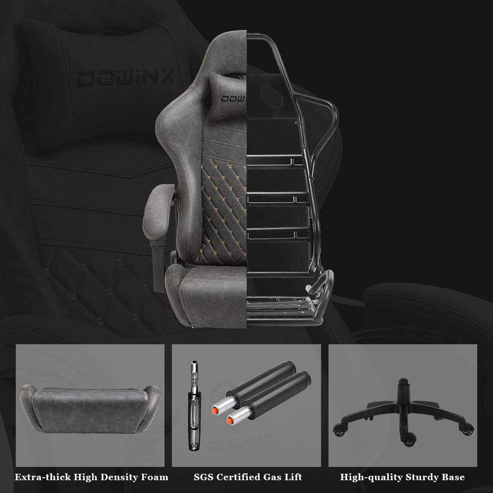 Dowinx Gaming Chair Big and Tall, Ergonomic Game Chair for Adults with Footrest and Massage Lumbar Support, High Back Computer Gamer Chair PU Leather, 350Lbs, for Office, Home, Grey
