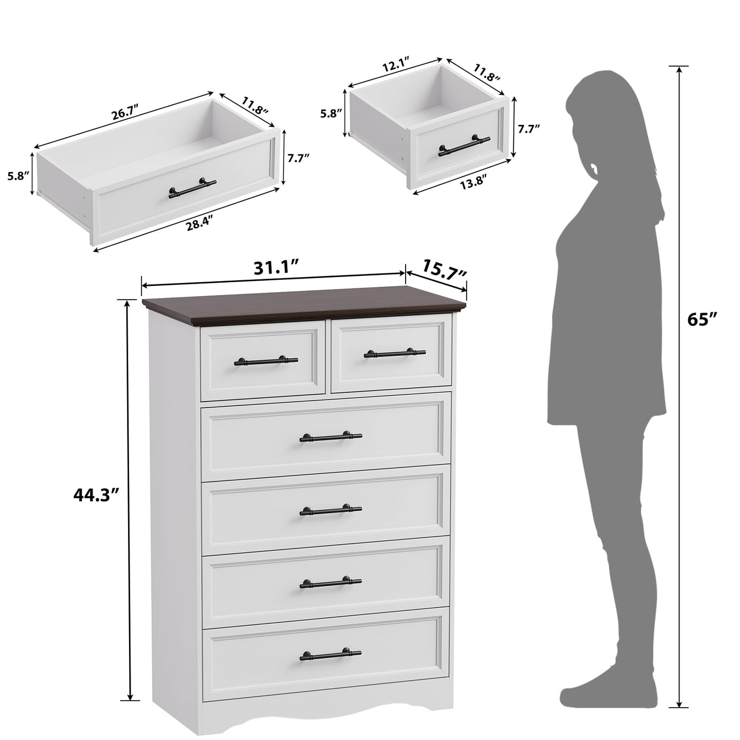 Farmhouse 6 Drawer Dresser, White Wood Chest of Drawers, 44" Tall Bedroom Storage Cabinet with Brushed Metal Handles, Closet Organizer for Bedroom, Living Room, Hallway