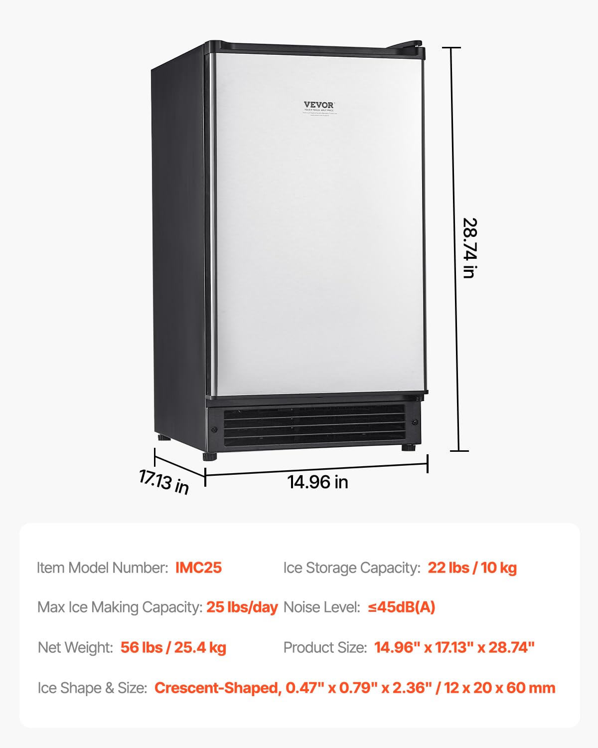 VEVOR Under Counter Ice Maker Machine, Crescent Ice, 25 Lbs/Day Stainless Steel Built in Ice Maker with Reversible Door, 22Lbs Storage Ice Maker Machine for Commercial Home Kitchen, No Drain Required
