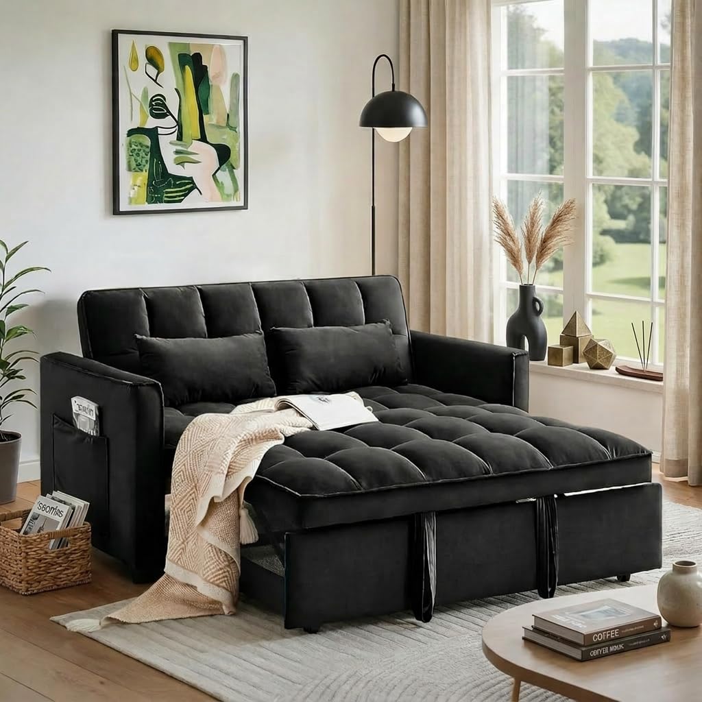 Trygoal Pull Out Couch, Loveseat Sleeper Sofa Bed with Side Pockets, 3 in 1 Velvet Fabric Convertible Sofa Bed with Adjustable Backrest for Living Room, Bedroom, Apartment, Black