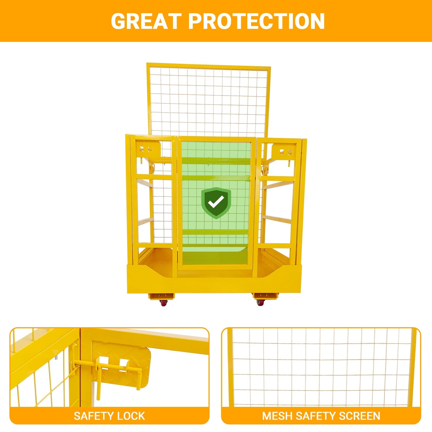 43"X45" Forklift Safety Cage with 4 Wheels, Forklift Man Basket Work Platform 1400 LBS Load Capacity, Collapsible Lift Basket with Safety Strap for Aerial Work Lifting Loader