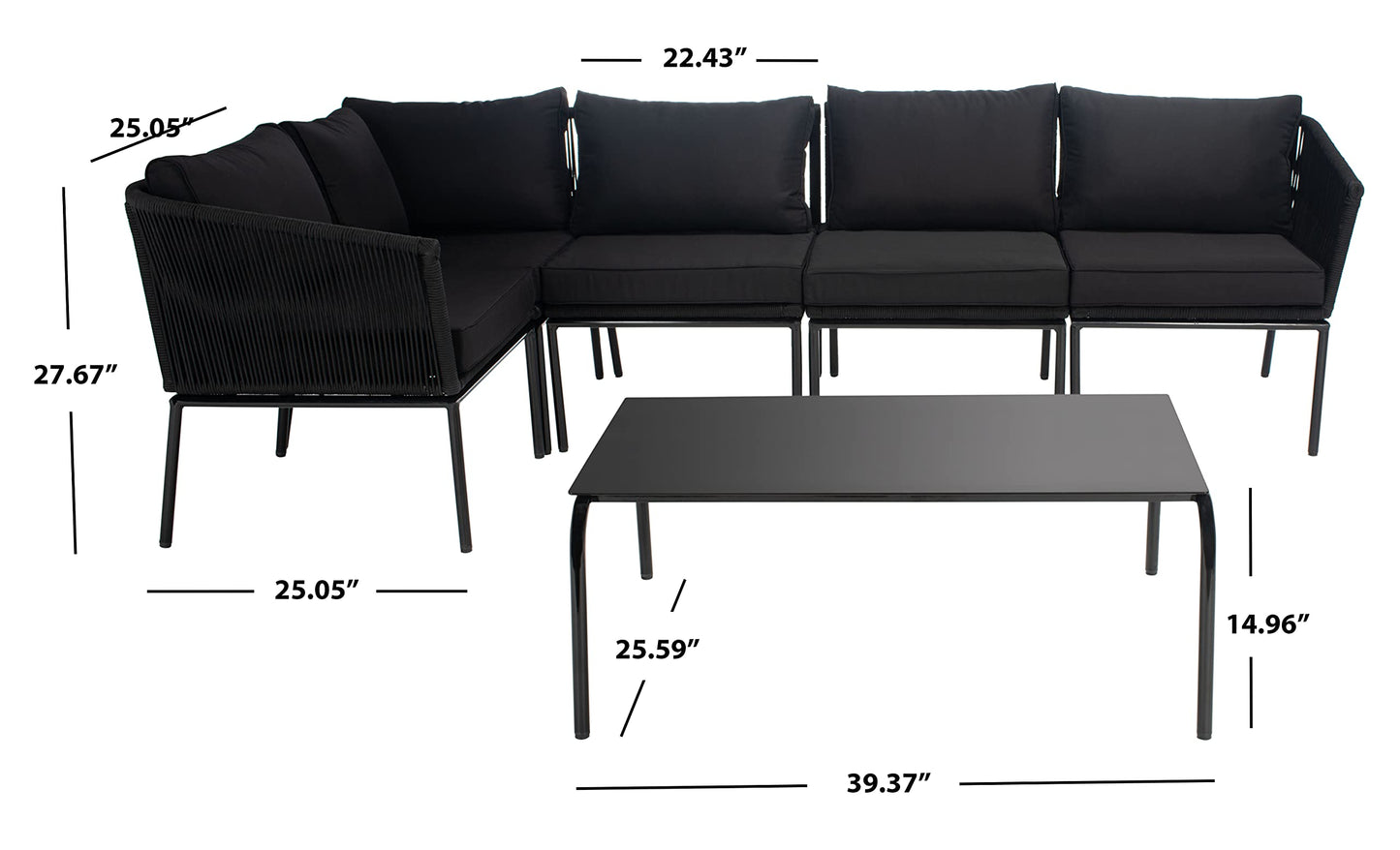 SAFAVIEH Outdoor Collection Remsin Black Wicker/Black Cushion Sectional Sofa Patio Backyard Living Set