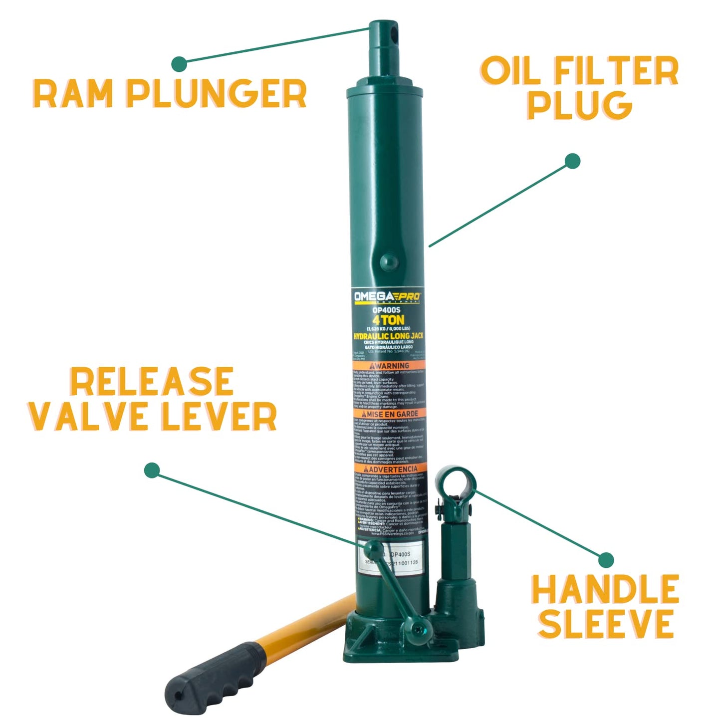 Omega Pro Hydraulic Long Ram Jack - 4 Ton Capacity with Flat Base for Auto Garage Shop, Green (OP400S)