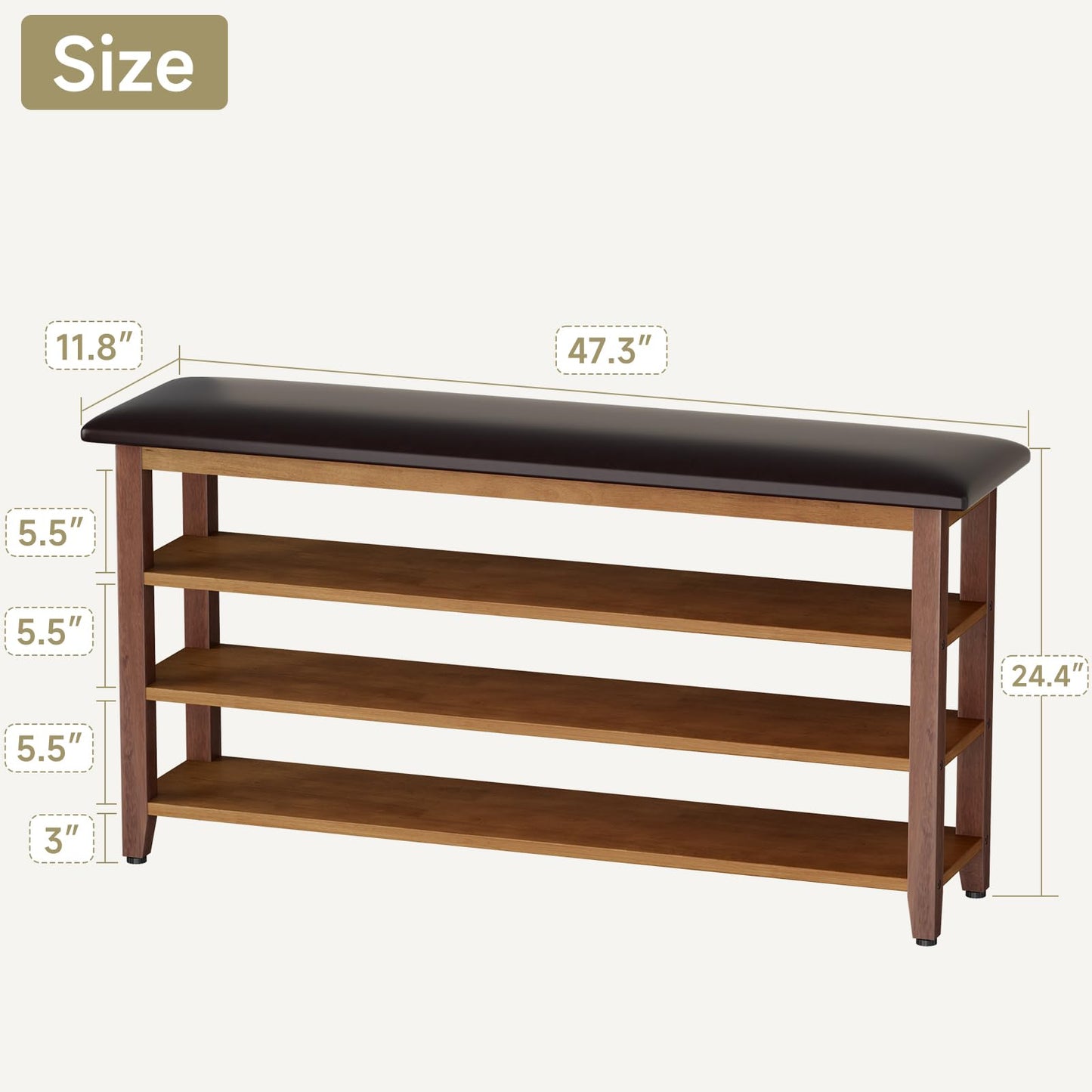 Vellzeyce Shoe Bench with Leather Cushion,Wood Bench with Shoe Rack,3-Tier Shoe Storage Organizer for Entryway,Hallway,Living Room (Brown, 3-Tier-47.3")