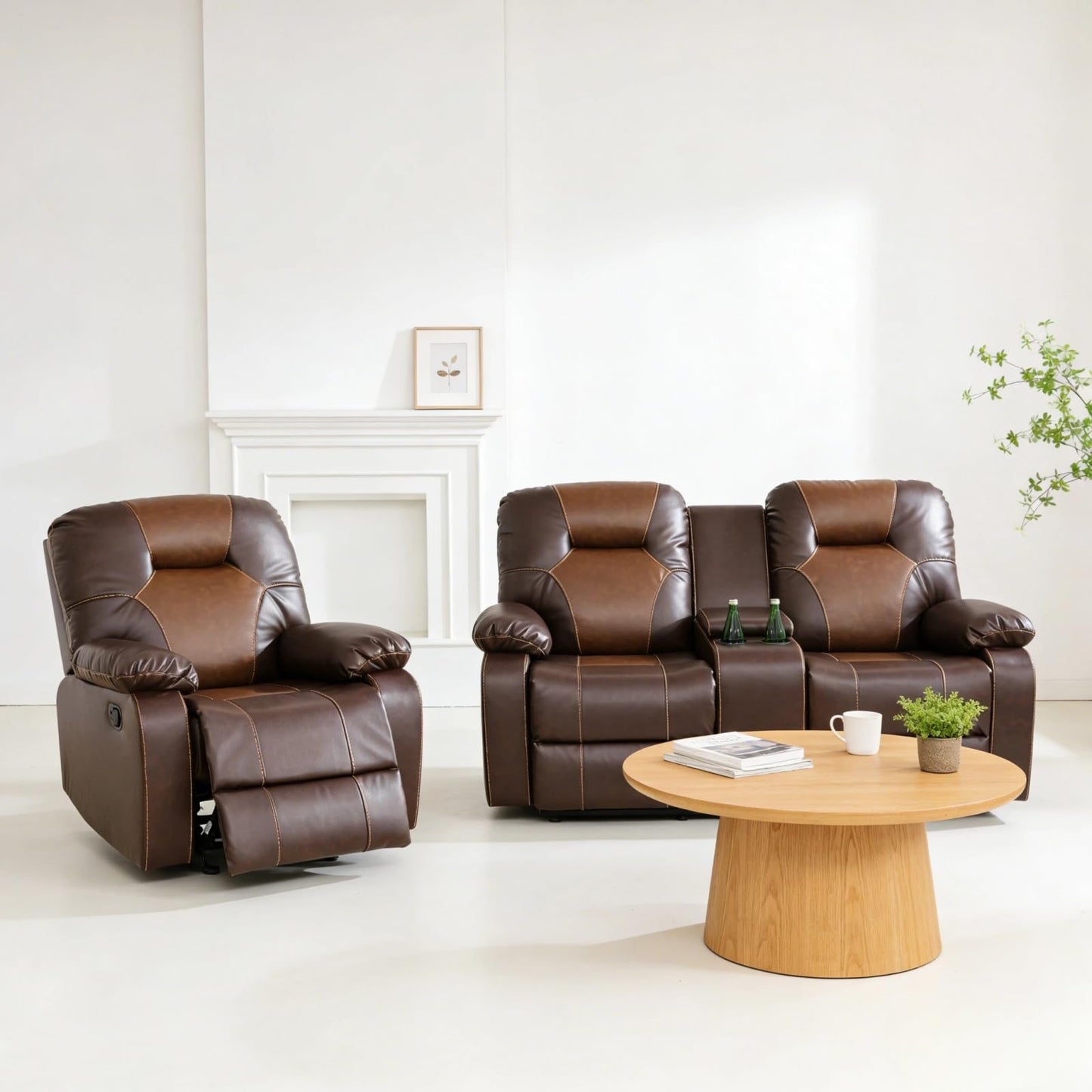 Trygoal Leather Recliner Sofa Set, Living Room Furniture Set, Adjustable Backrest Reclining Loveseat Sofa with Storage Console & Cup Holders, Manual Recliner Chair for House, Home Theater, Brown