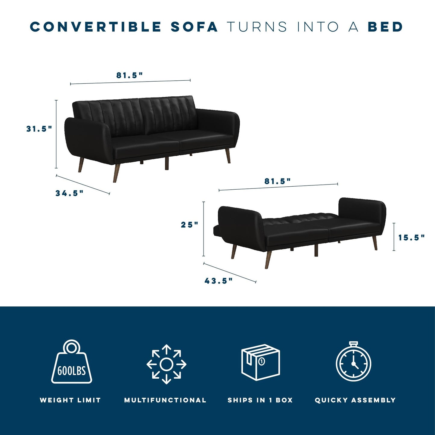 Novogratz Brittany 82 Inch Futon Sofa Bed in Faux Leather, Upholstered Couch Sleeper with Tufted Back, Mid-Century Modern Design, Black
