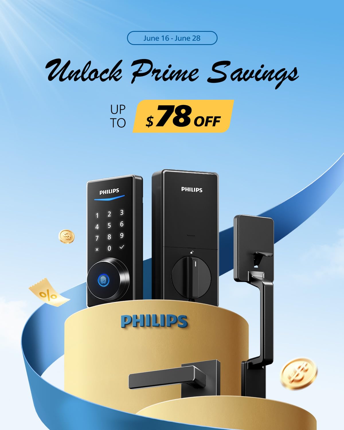 Philips Touchscreen WiFi Smart Lock with Handle Set, Built-in WiFi, Remote Control & Voice Control, Fingerprint Keyless Entry Door Lock, Smart Locks for Front Door Deadbolt, Auto-Lock, Matte Black