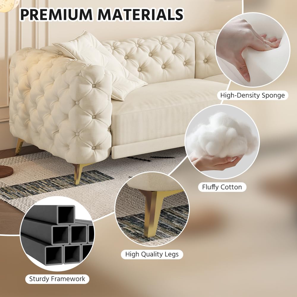Ball & Cast 3-in-1 Convertible Sleeper Sofa with Movable Ottoman,97.7" Velvet Pull Out Sofa Bed, Modern Button Tufted 4-Seater Sofa Couch with Deep Seat for Living Room, Apartment,Office,Beige