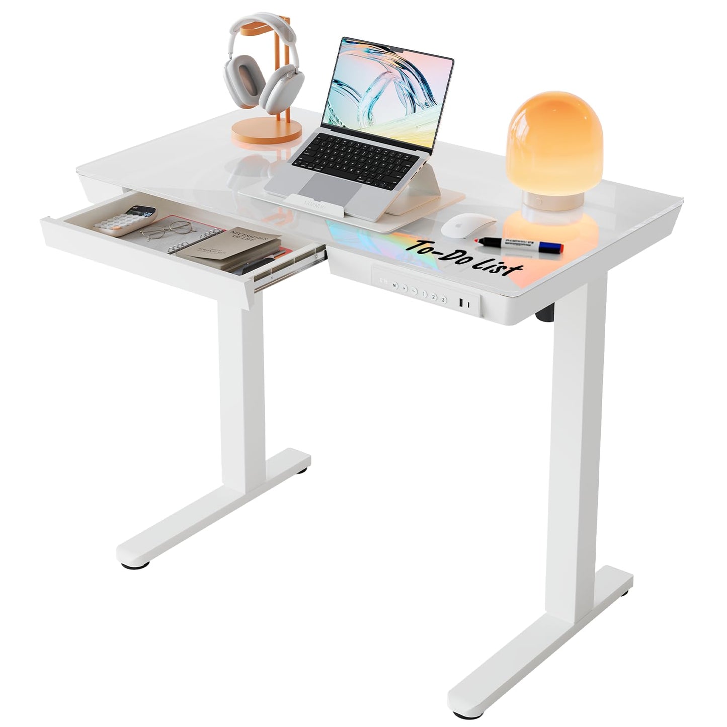 HUANUO Glass Standing Desk with Drawers, 35 X 20 Inch Electric Adjustable Height Desk, Quick Install One-Piece Tabletop with USB Charging Ports, White