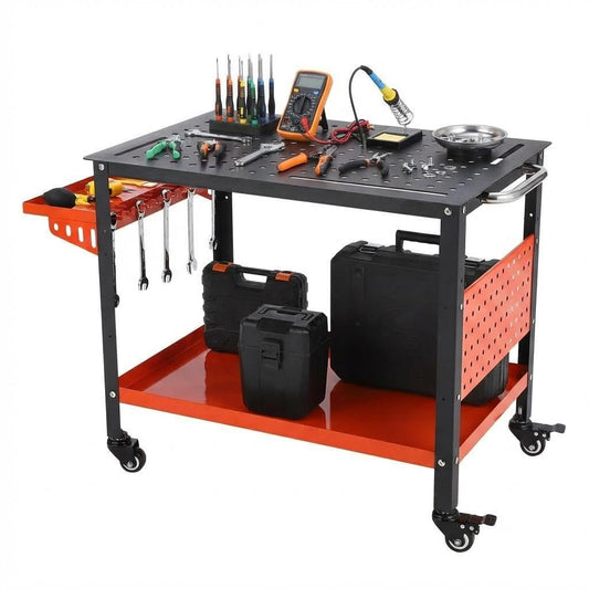 Heavy Duty Welding Table with Wheels 36"X24",Welding Fixture Tables for Shop,Portable Welder Workbench with 5/8" Fixture Holes,Storage Panels, Tool Tray for Workshop Orange