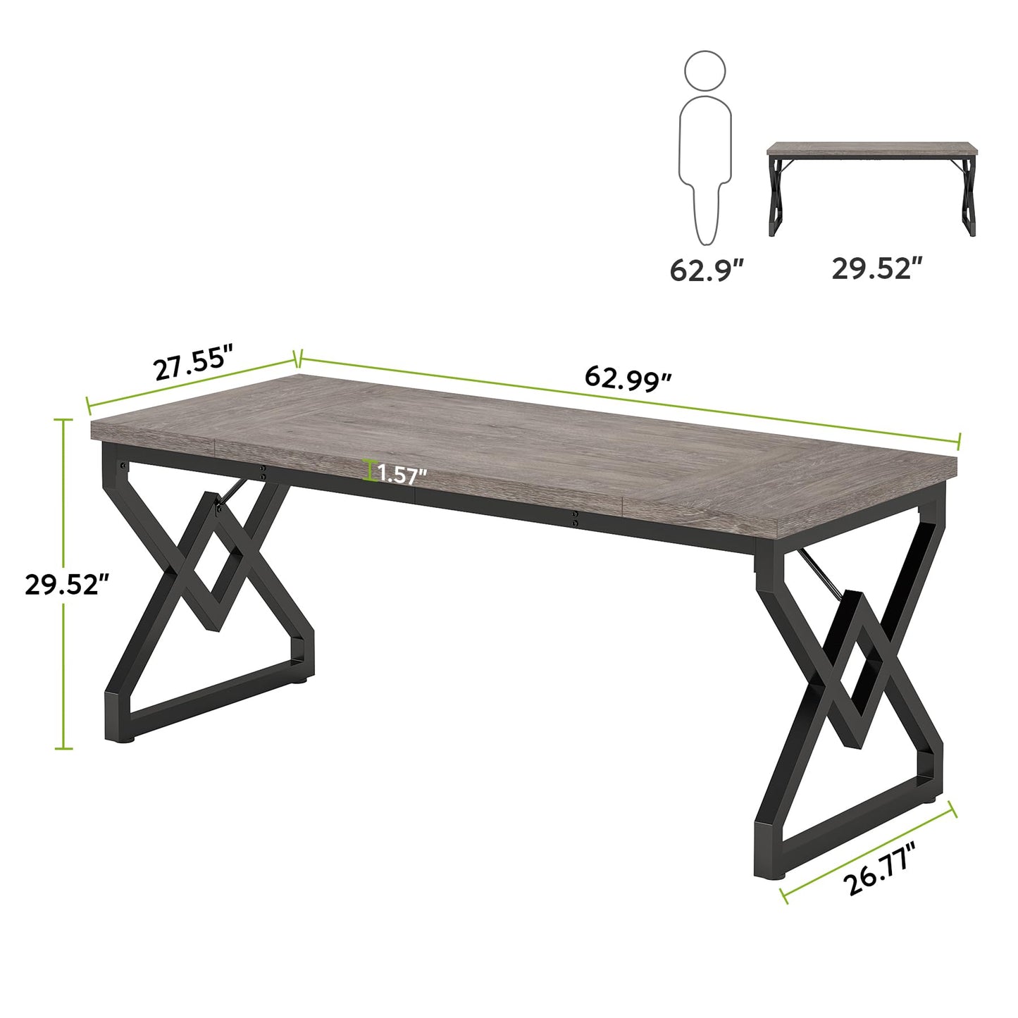 Tribesigns 63 Inch Executive Desk, Large Office Computer Desk with Extra Thick Wooden Tabletop and Metal Frame, Modern Simple Workstation Writing Table Study Desk for Home Office, Gray