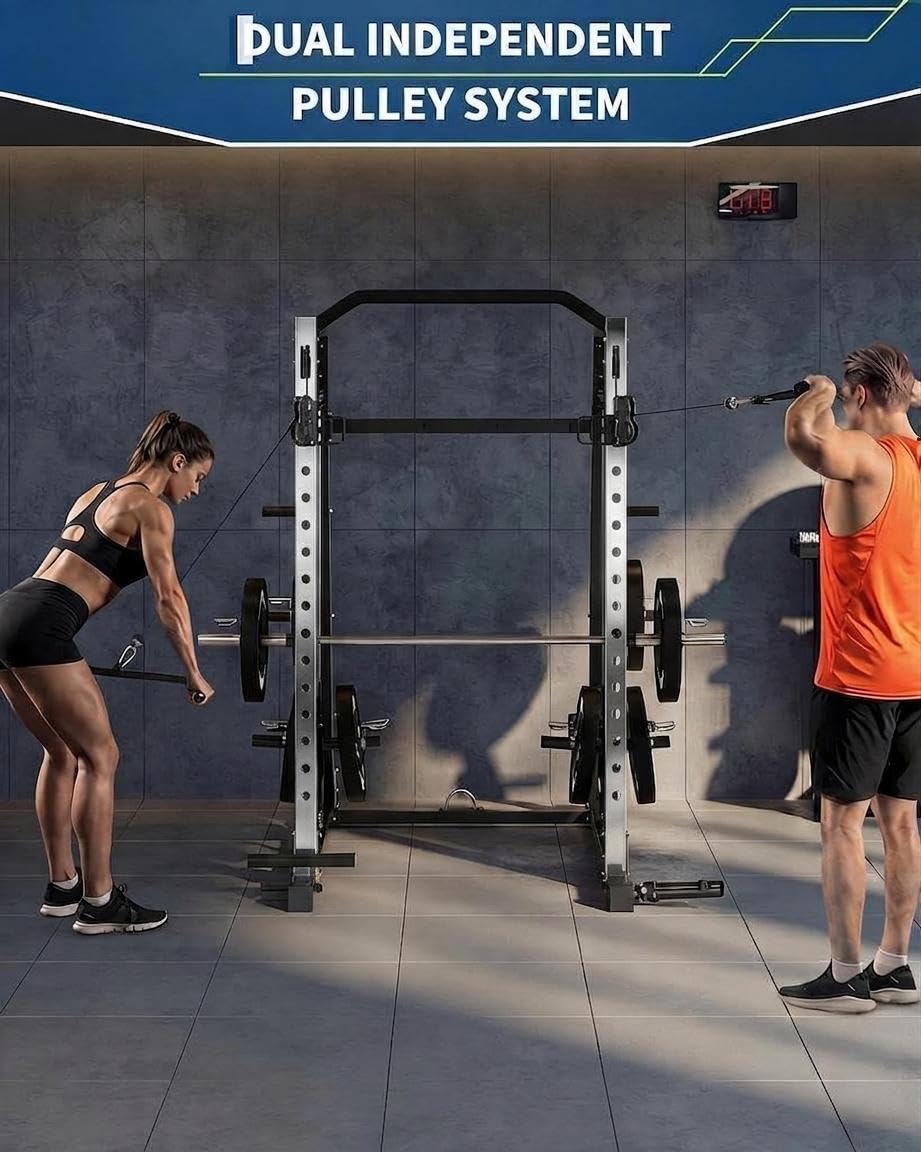 Smith Machine Home Gym, 2200lbs Squat Rack Power Cage with LAT-Pull Down System & Cable Crossover Machine, Multi-Function Training Equipment with Leg Hold-Down Attachment
