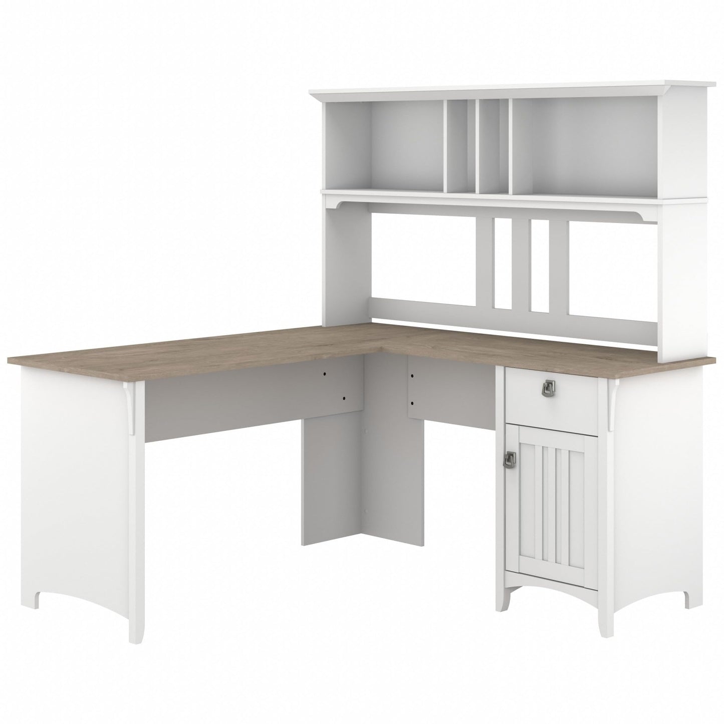 Bush Home Salinas L-Shaped Desk with Hutch | Study Table with Drawers and Cabinets in Pure White and Shiplap Gray | Home Office Computer Desk | Work Desk with Storage