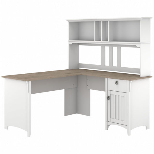 Bush Home Salinas L-Shaped Desk with Hutch | Study Table with Drawers and Cabinets in Pure White and Shiplap Gray | Home Office Computer Desk | Work Desk with Storage