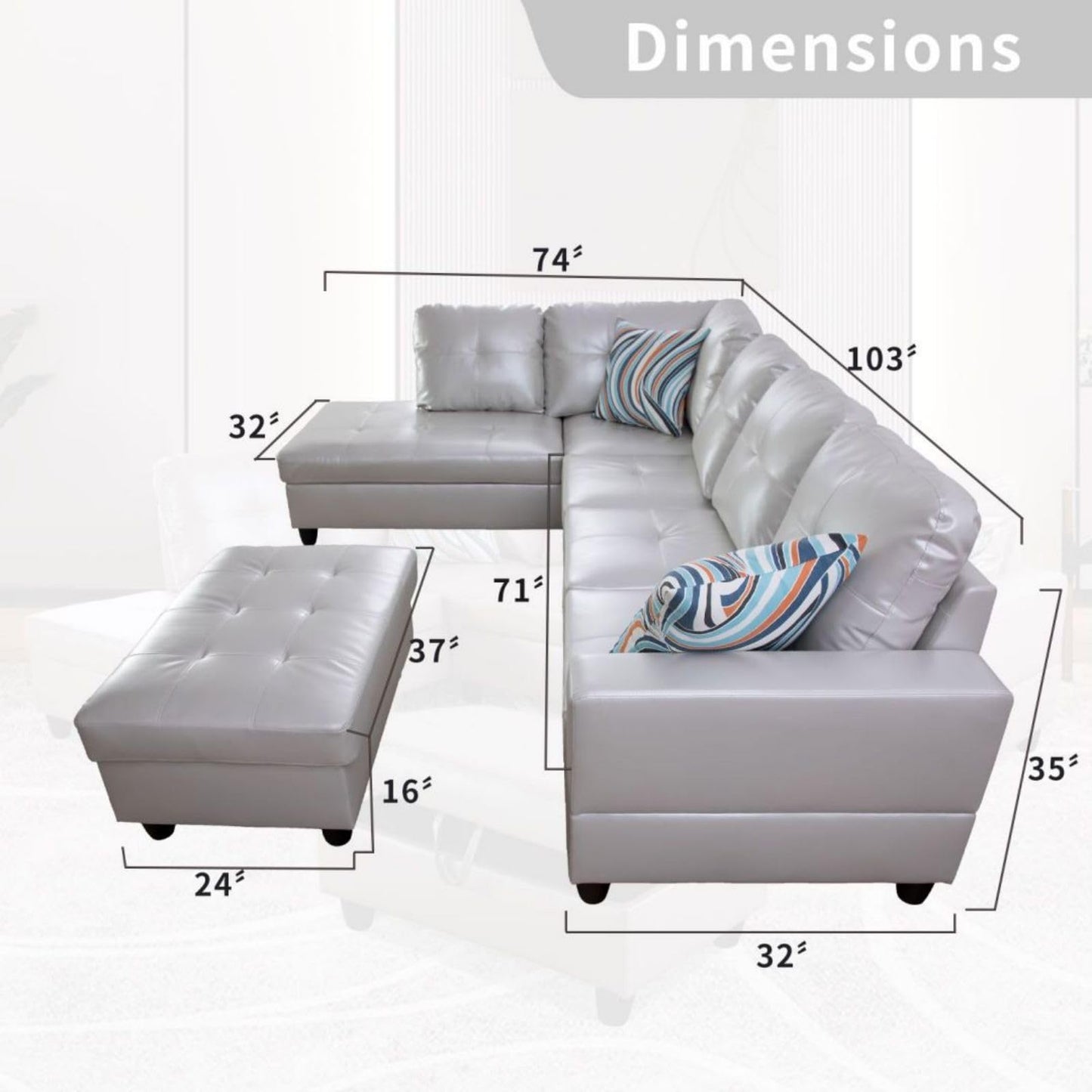 UOCFYK L-Shaped 3-Piece Semi PU Synthetic Leather Sofa with Storage Ottoman Set, Sectional Couch Sofa Set for Living Room, Office, Small Space, Grey