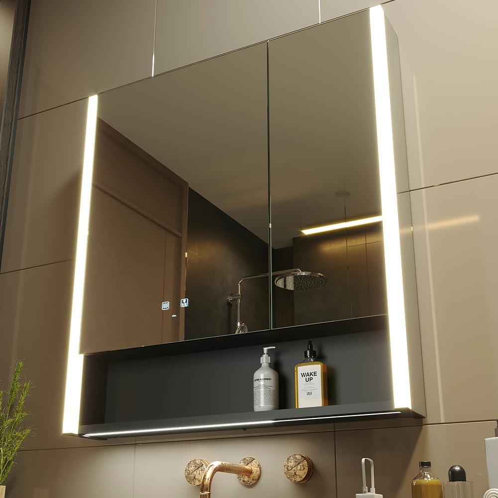 KWW LED Lighted Bathroom Medicine Cabinet with Sockets & USBs, Defogger, Dimmable, 3 Color Light Makeup Mirror, Easy to Install, Wall Mounted Cabinet (2 door-31 * 34)