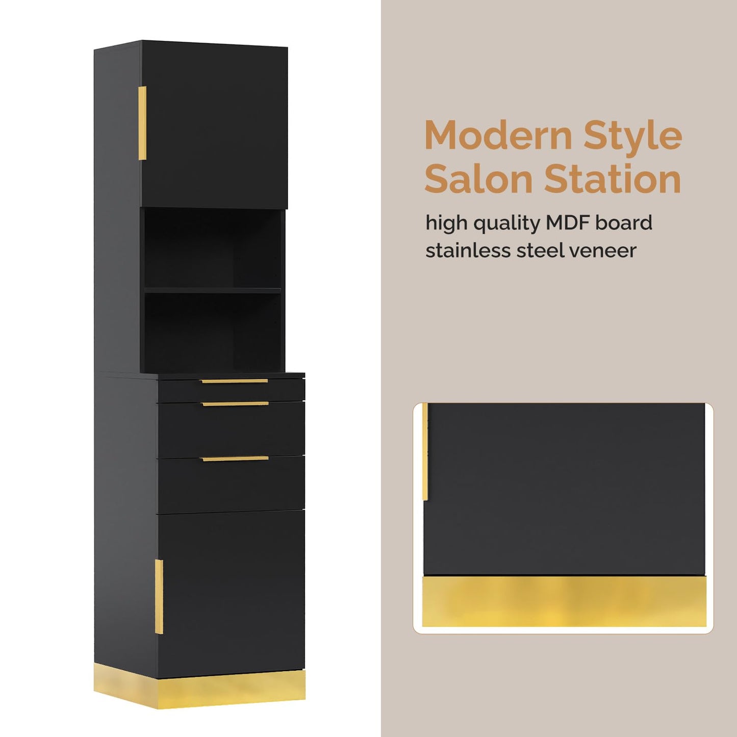 OmySalon Salon Stations for Hair Stylist, Barber Station with Storage Cabinet & Drawers & Hair Dryer Holders, Modern Beauty Salon Spa Equipment for Barbershop, Black Gold