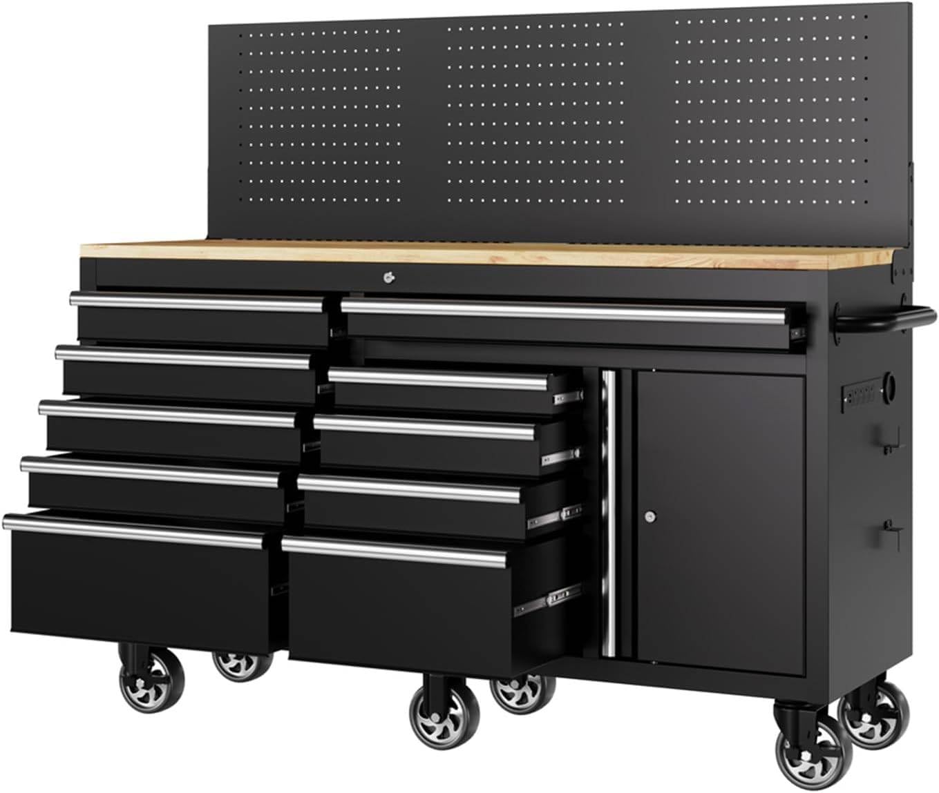 Rolling Workbench with Drawers,60-Inch Heavy Duty Rolling Tool Chest & Workbench with 10 Drawers & Pegboard – Built-in Charging Station, Lockable Mobile Garage Cabinet for Workshop, Black