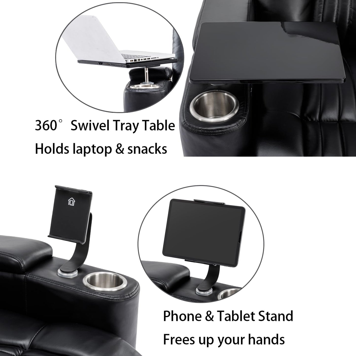 COSYTREE Home Theater Seating Power Recliner Chair, 270°Swivel PU Leather Theater Recliner with LED Ambient Lights, 360°Rotating Tray Table,USB Charging,Cup Holders & Hidden Arm Storage, Black