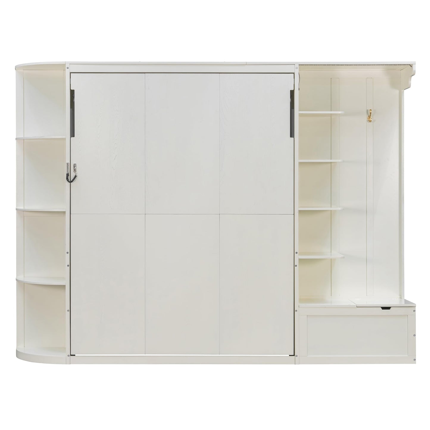 Merax Queen Size Murphy Bed with Storage and Lights, Hidden Fold-Out Legs, Foldable Murphy Cabinet Bed with Hook, Built-in Shelves & Cabinets, Wood Space-Saving Wall Bed for Guest Room Office, White