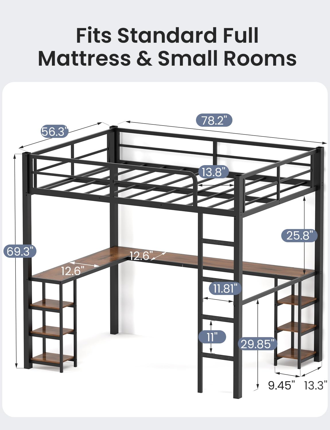 Feetice Full Size Loft Bed with Desk, Metal Frame with Shelves and Clothes Rack, Anti-Tilt Design & 12" Safety Rail, Space-Saving Loft Bed for Teens, Black