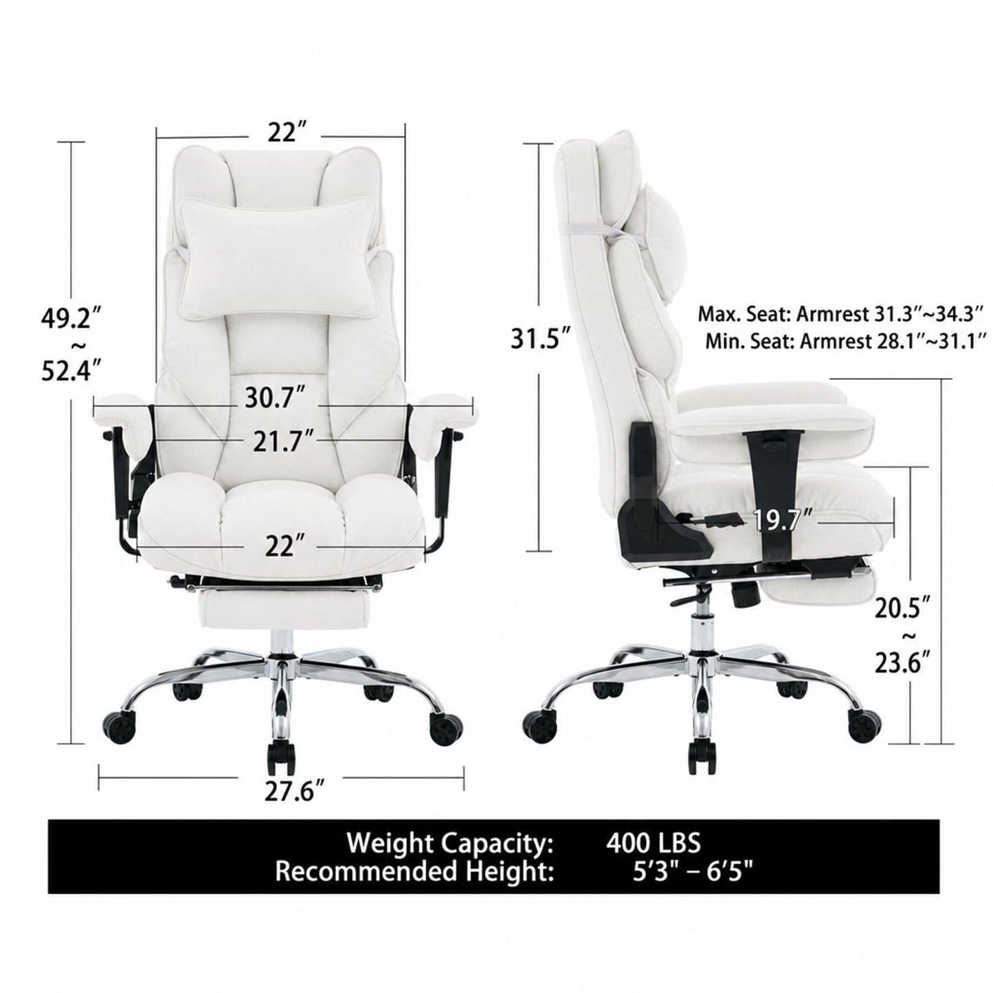 mokodo Big and Tall Office Chair 400lbs, Breathable Fabric Executive Desk Chair with Pocket Spring Cushion, 155° Reclining Computer Chair with Integrated Headrest & Lumbar Pillow (White)