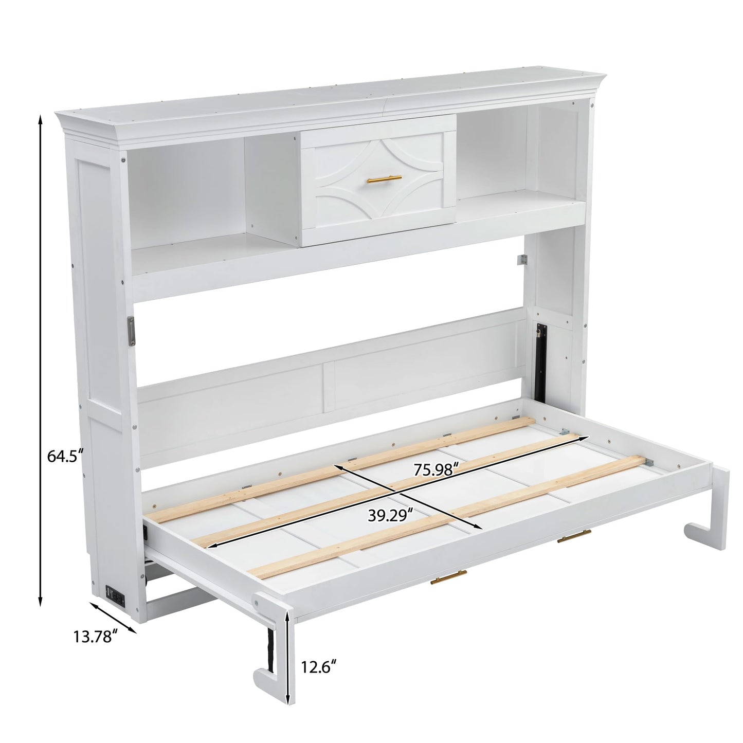 MERITLINE Twin Horizontal Murphy Bed with Storage Bookcase Shelves & Drawer and Charging Station,Solid Wood Farmhouse Murphy Wall Bed with Storage, Slat Support (White)