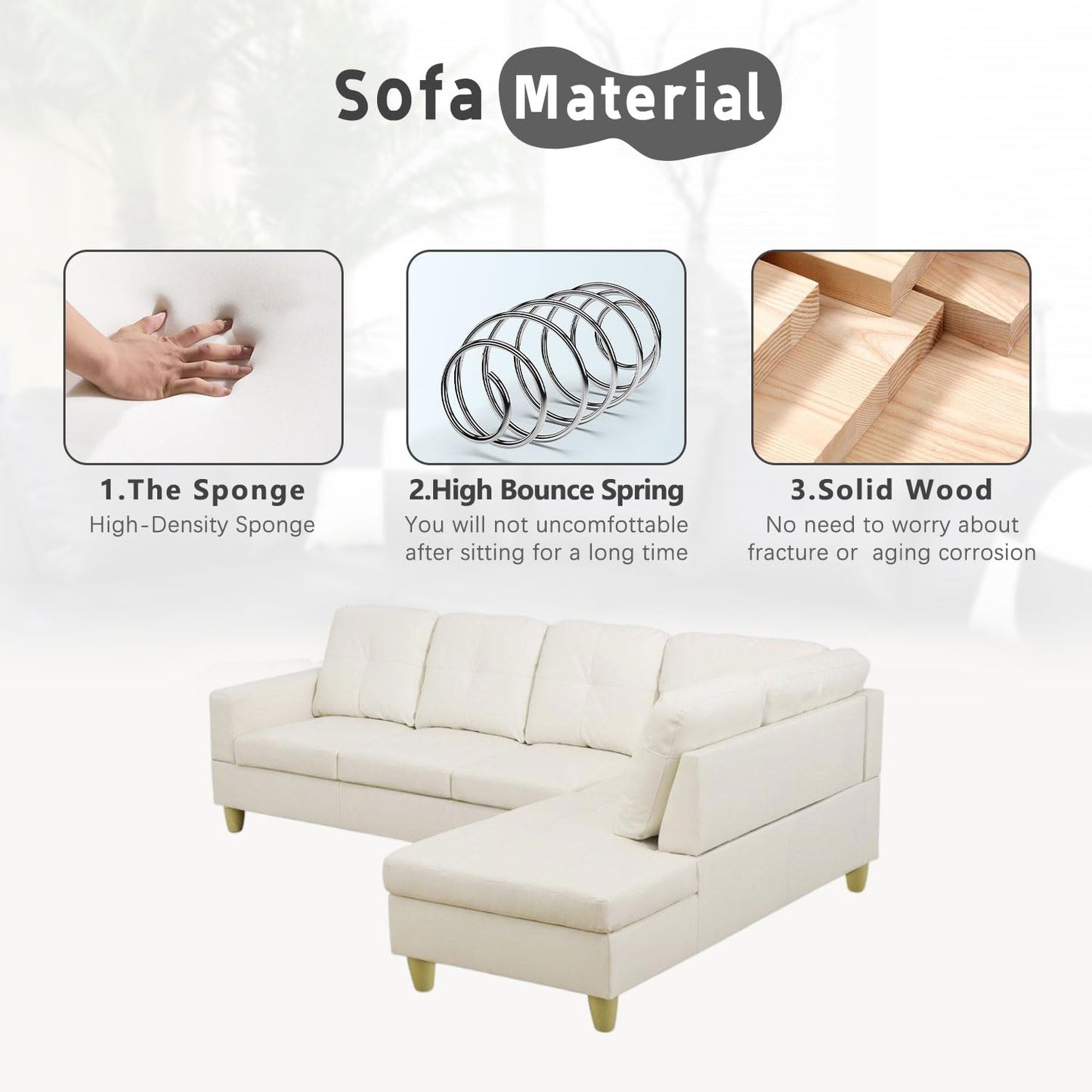 UOCFYK White L-Shaped 3-Piece Faux Leather Sofa with Storage Ottoman Set, Sectional Couch Leather-Like Sofa Set for Living Room, Office, Small Space