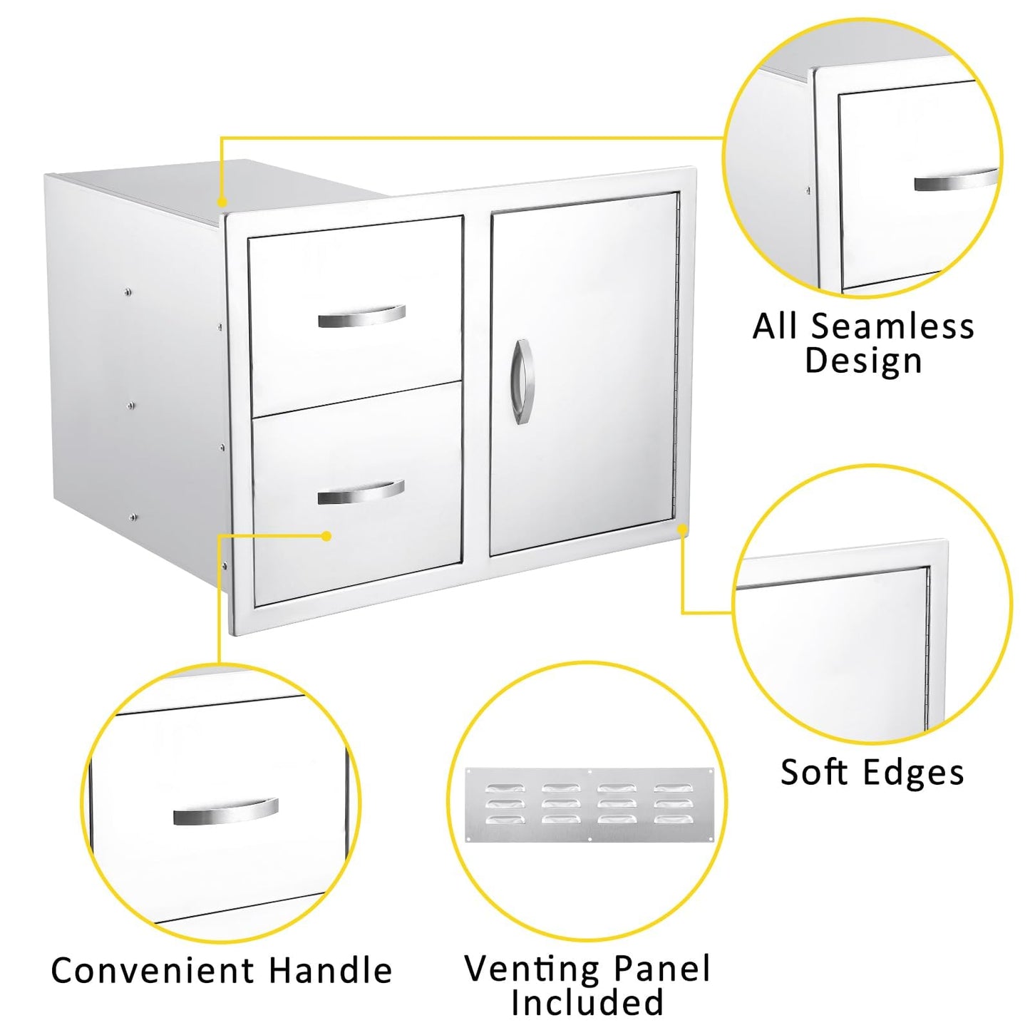 Outdoor Kitchen Drawer 33''W x 22''H x 22''D, BBQ Access Door Drawers Combo with Paper Towel Rack, Stainless Steel Outdoor Kitchen Cabinets for BBQ Island Grill Station Storage Cabinet