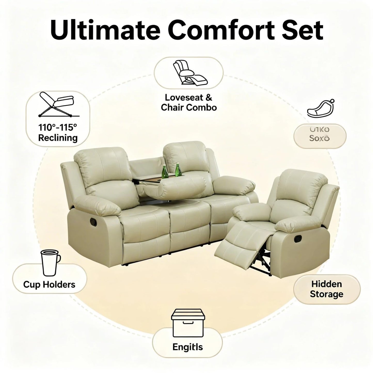 Trygoal Leather Recliner Sofa Set, Living Room Furniture Set, Adjustable Backrest Reclining Loveseat Sofa with Convertible Middle Coffee Table, Manual Recliner Chair for House, Home Theater, Beige