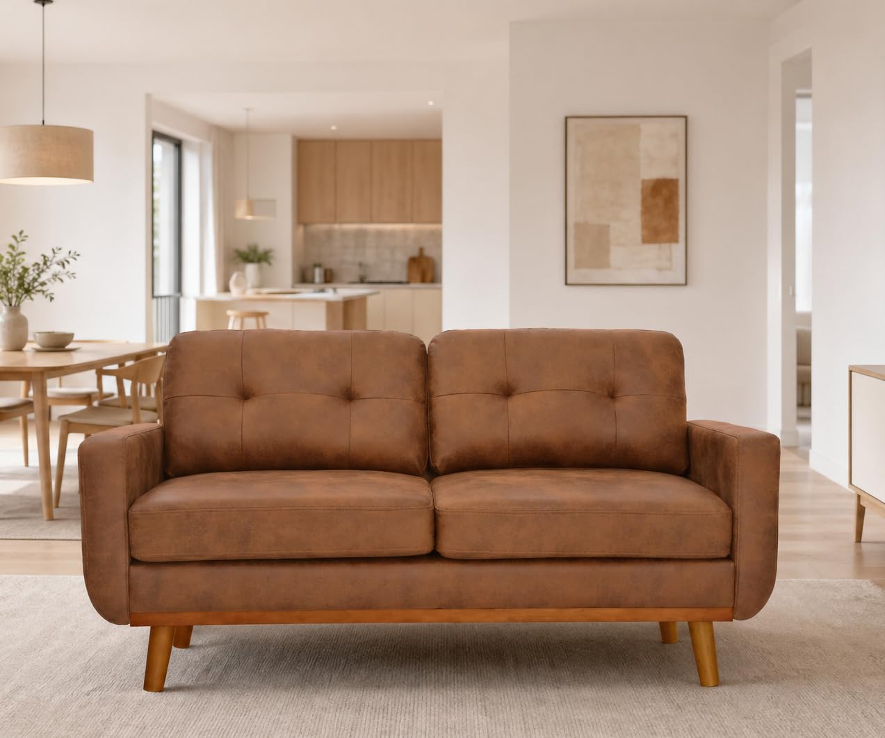 Ball & Cast 65" Loveseat Sofa,Mid Century Modern Love Seat Couches for Living Room,Button Tufted Upholstered Small Couch with Solid Wood Legs for Bedroom,Apartment,Office,Fabric,Light Brown