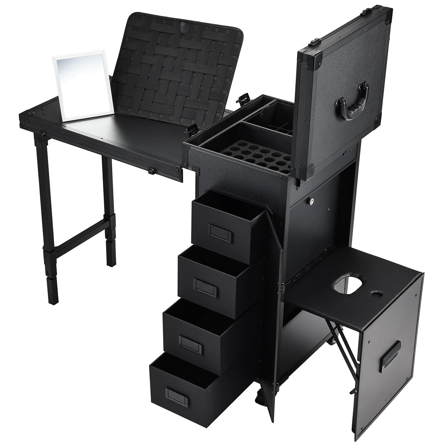 Joligrace Rolling Manicure Table with Pedicure Chair 4 Drawers Rolling Makeup Case Foldable Nail Desk Cosmetology Case on Wheels Brush Pouch Mirror Nail Kits Technician Workstation Artist Trolley