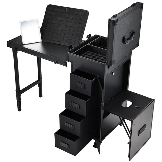 Joligrace Rolling Manicure Table with Pedicure Chair 4 Drawers Rolling Makeup Case Foldable Nail Desk Cosmetology Case on Wheels Brush Pouch Mirror Nail Kits Technician Workstation Artist Trolley