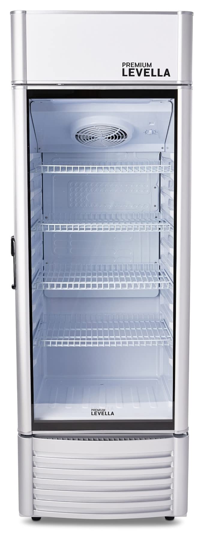 PremiumLevella PRF90DX Glass Door Display Refrigerator 9.0 cu ft Commercial Beverage Cooler Merchandiser With Customizable Lightbox - Silver