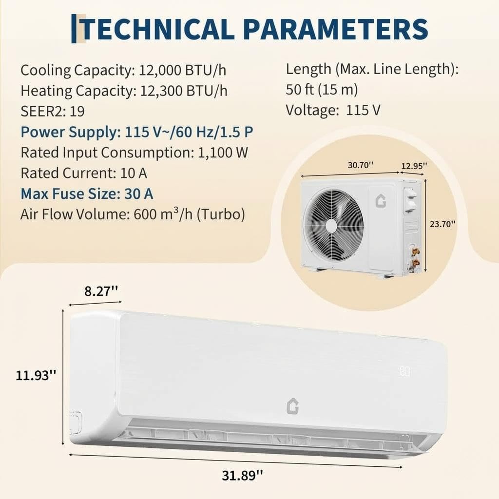 12000 BTU Mini Split Air Conditioner, 19 SEER2 Ductless Inverter AC with 115V, Cool up to 750 Sq. Ft with Heat Pump System, White